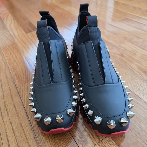 Christian Louboutin Black Sneakers with Red Soles and Silver Spikes - Picture 6 of 12